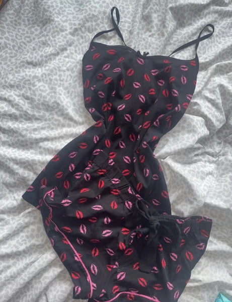 Primark Black & Pink Lips Satin Pyjama Set Upcycle Damaged Fabric