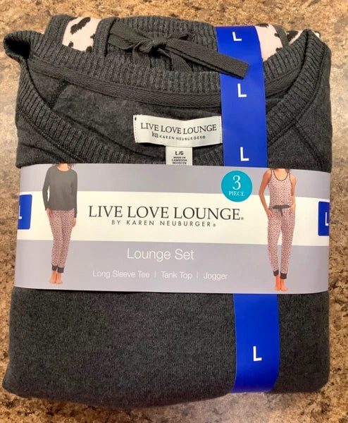 Live Love Lounge Cozy Leopard 3-piece Lounge PJ Set by Karen Neuburger L NWT