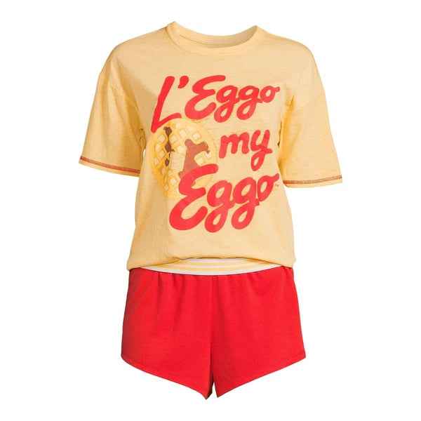 -3 PC KELLOG'S L' EGGO MY EGGO PAJAMA SET SOCKS TEE SHORTS GOLD RED 3X