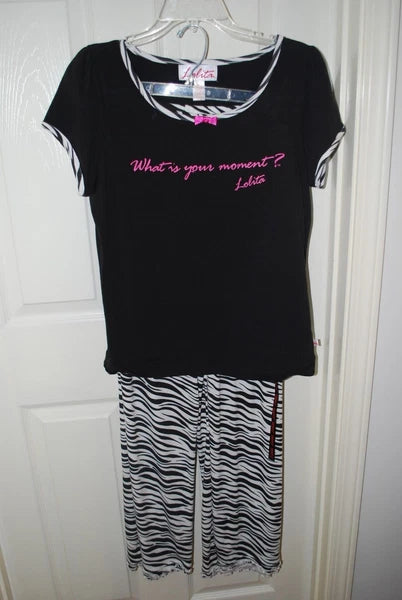 NWT LOLITA COLLECTION PAJAMA SET CHARM BAG BLACK ZEBRA WHATS YOUR MOMENT LARGE