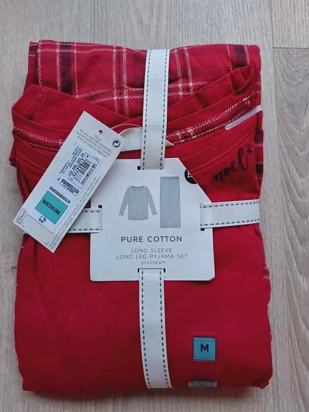 M&S Ladies Pyjama Set Size 12-14 Red Long Leg Long Sleeve New