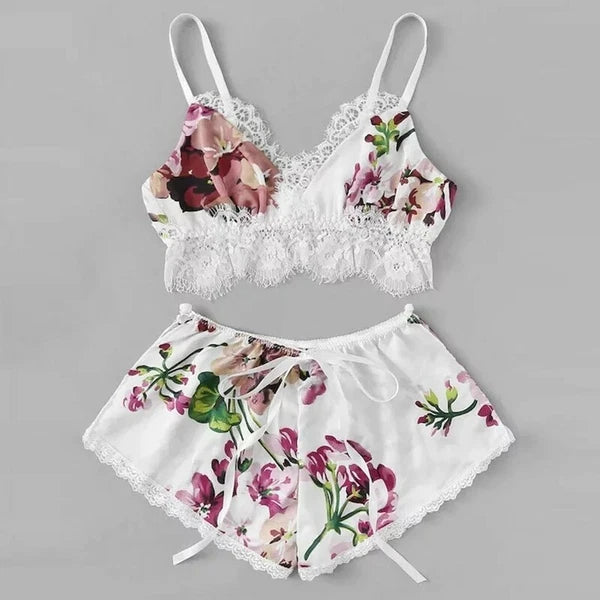 CALOFE Pajama Sets Women V-Neck Silk Lace Satin Pajamas Camisole Sexy Sleepwear