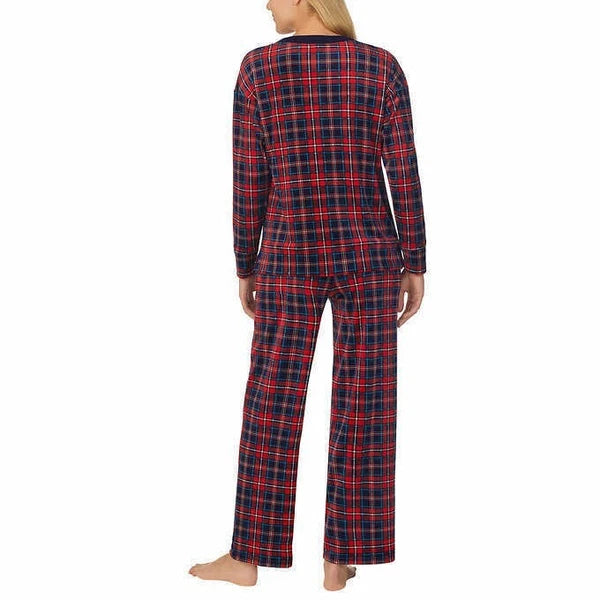 Nautica Women's Silky Stretch Fleece 2-Piece Pajama Set Red Plaid Sz Large