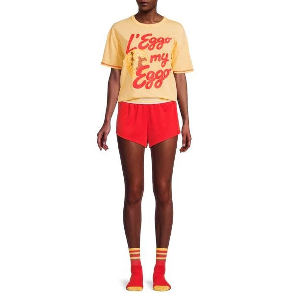 -3 PC KELLOG'S L' EGGO MY EGGO PAJAMA SET SOCKS TEE SHORTS GOLD RED 3X