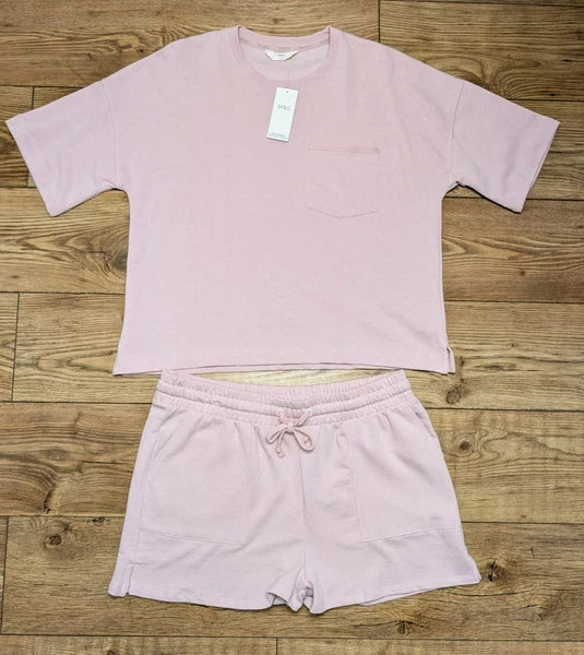 M&S Cotton Pink Sweatshirt Jersey Shortie Pyjama Set Pyjamas PJs Large 16 - 18