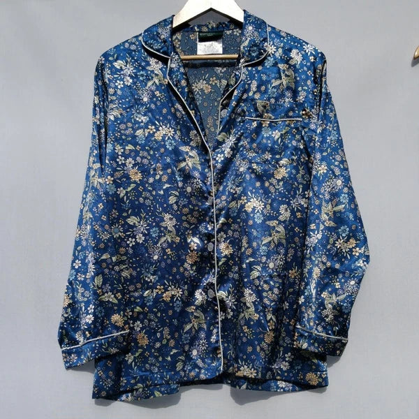 Morgan and Finch Long Satin PJs Size Medium 10-12 Blue Floral Bed Bath n Table