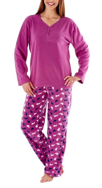 Ladies Soft Warm Cute Winter Cosy Fleece Long Rabbit Pyjama Set