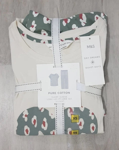 M&S size XS khaki LOUNGE WEAR pure cotton PYJAMA SET beige HEART short sleeve