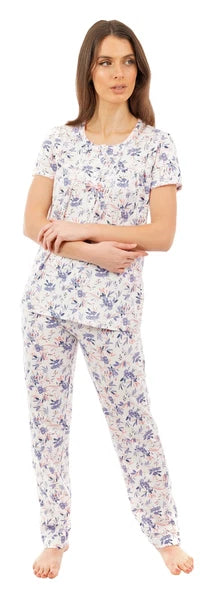 i-Smalls Ladies Floral Print Short Sleeves Cotton Pyjama Set (Blue) 8-10