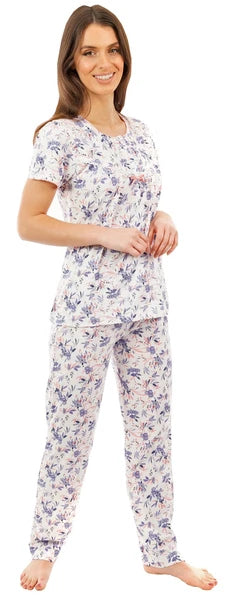 i-Smalls Ladies Floral Print Short Sleeves Cotton Pyjama Set (Blue) 8-10