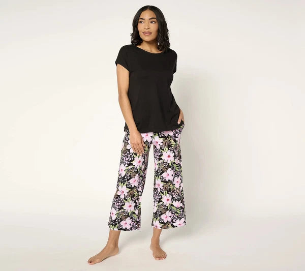 Stan Herman Wildflower Print Cotton Rayon Lounge Set Black M New