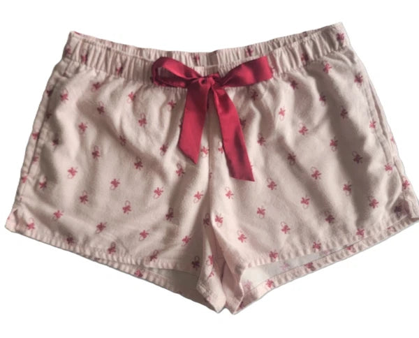 Hollister Pink Flannel Christmas Pajama Shorts Red Ribbon Tie candy canes L