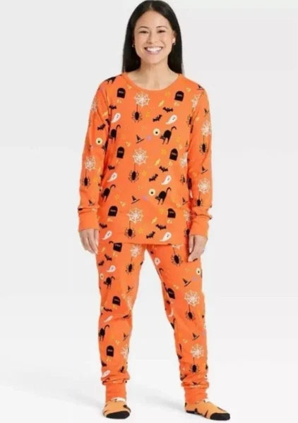 Hyde and EEK Women's 2 Pc Pajamas Orange Halloween Bats Cats Plus Size 1X NEW