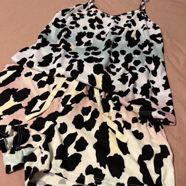 NWOT Bibi Pink & Blue Leopard Super Soft Pajama Shorts & Top Set Size Small