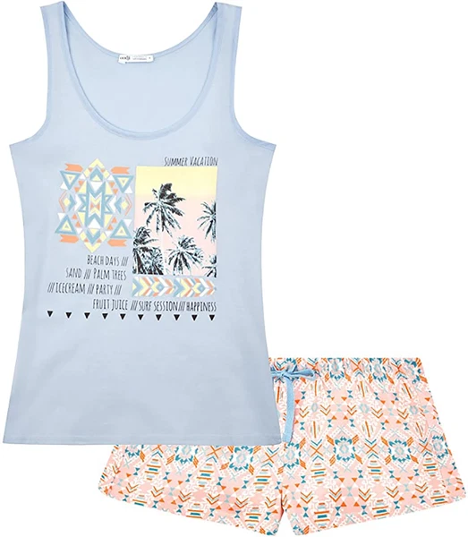 Oodji Ultra Women's Printed Pajama Set with Shorts Blue
