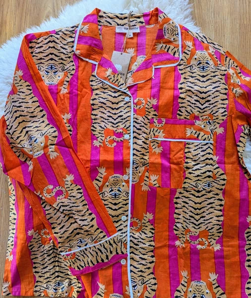 BNWT FAIRTRADE ORGANIC COTTON TIGER STRIPE PYJAMAS, PJS, ORANGE & PINK L 16 18