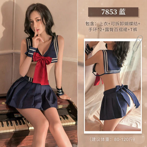 Womens Pleated Skirts Top Set Uniform Lingeries Sleepwear Sailor Suits Nightwear