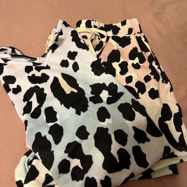 NWOT Bibi Pink & Blue Leopard Super Soft Pajama Shorts & Top Set Size Small