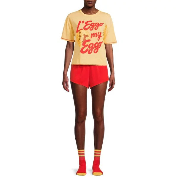 -3 PC KELLOG'S L' EGGO MY EGGO PAJAMA SET SOCKS TEE SHORTS GOLD RED 3X